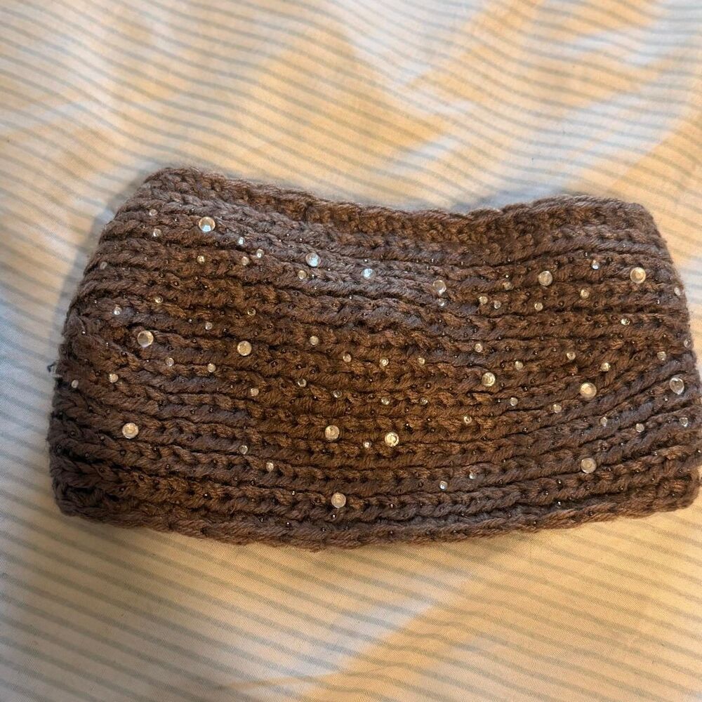 Brown Crocheted Ear Warmer Headband with Rhinestones and Buttons #headband